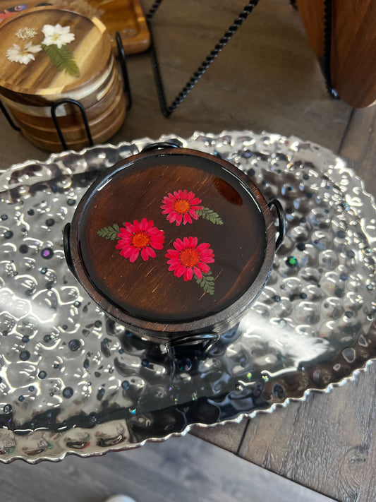 Round Darkwood Red Flower Resin Coaster (5 Pieces)