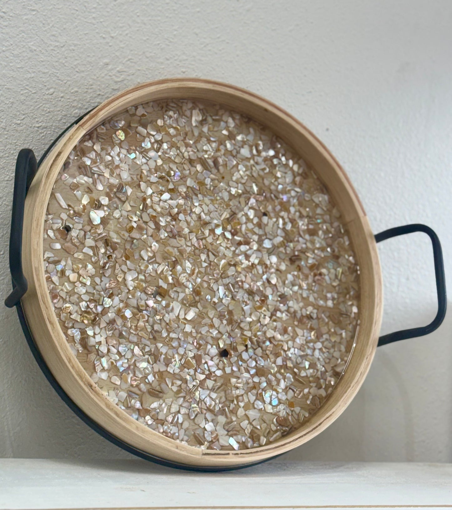 Extra Large Round Crushed Shells Tray with Black Handles