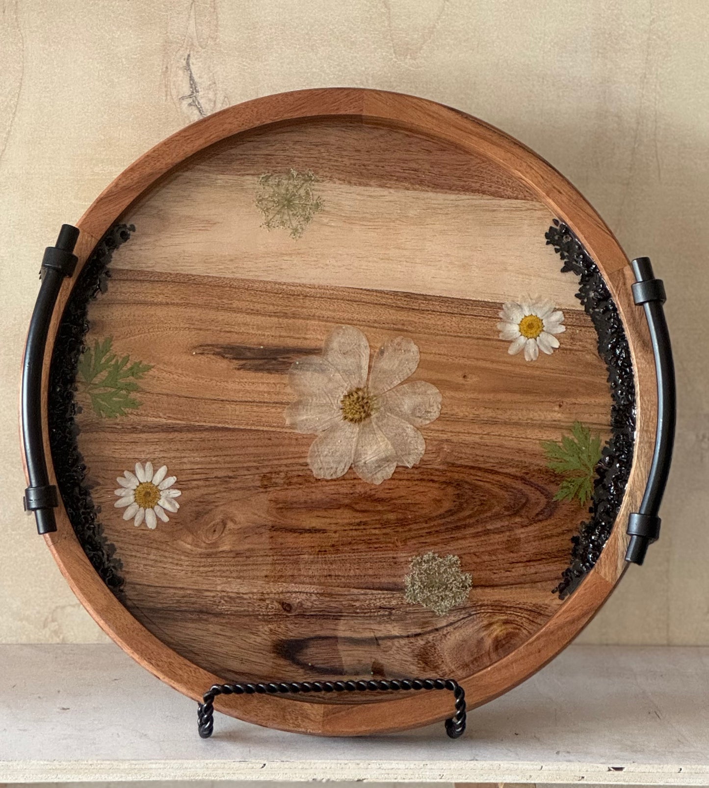 Large Round Flower and Rock Resin Tray with Handles